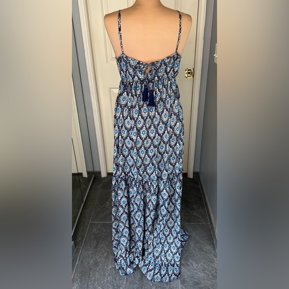 GOA Collection Paris Blue Geometric Floral Tiered Boho Maxi Dress - Picture 4 of 9